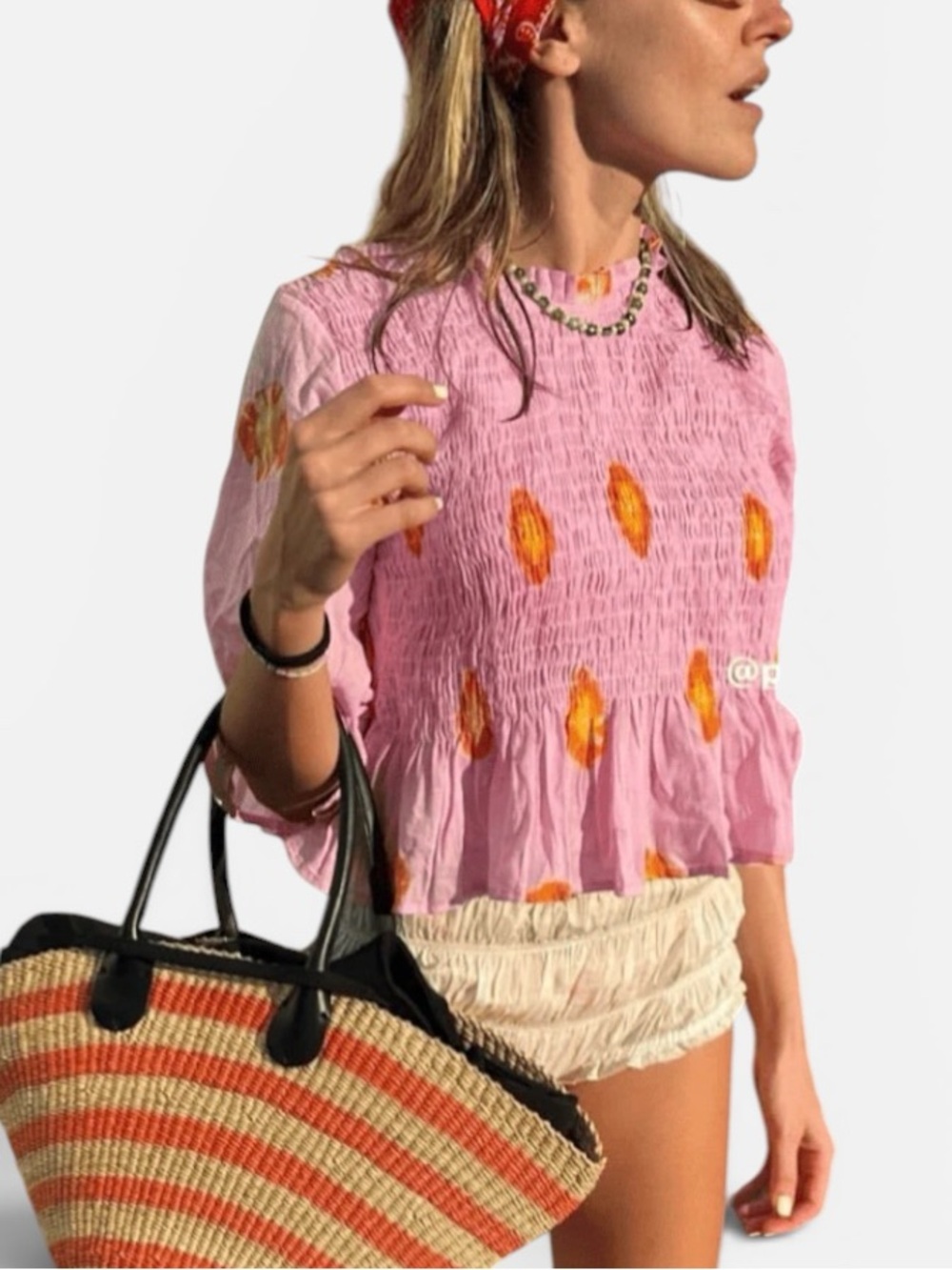 New Par & Escala Pink Smocked Top With Orange Diamond Print Boho Colorful Medium